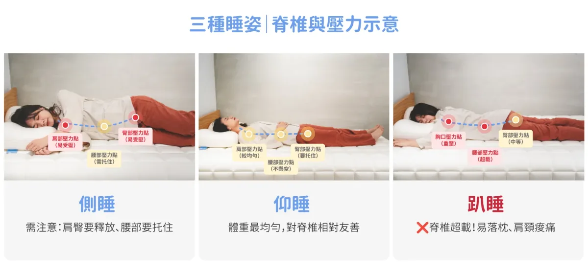 側睡、仰睡、趴睡三種睡姿的脊椎中立與壓力點示意圖
